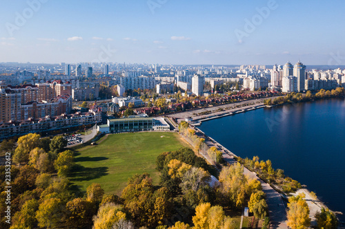 Aerial  Natalka park in Obolon district in Kyiv  autumn time