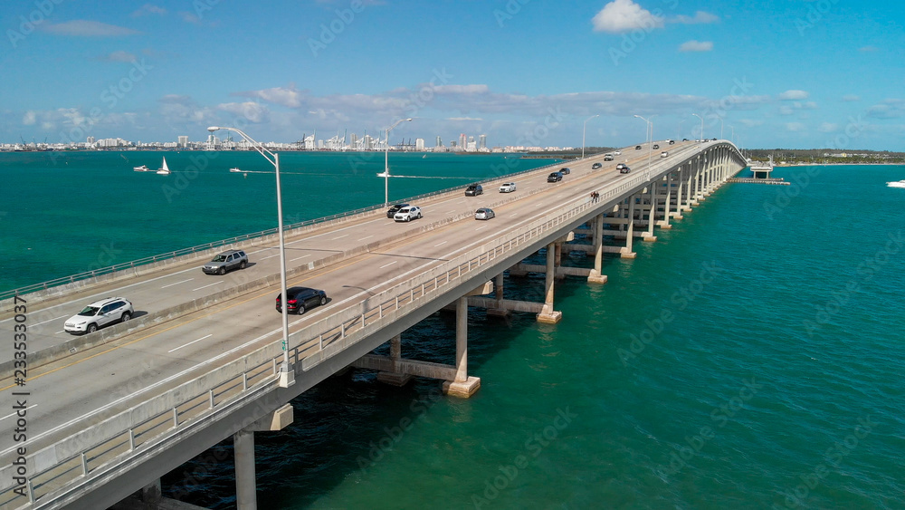 Aerial view of traffic along Rickenbacker Causeway, Miami - Florida Aerial view of traffic along Rickenbacker Causeway, Miami - Florida