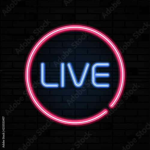 Live neon sign vector. Stream design template, light banner signboard, nightly bright advertising. Vector illustration