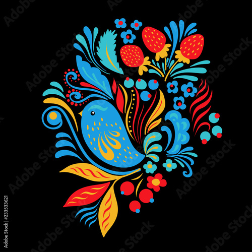 Bright embroidery with flowers, berrias and bird. Tshirt or tote bag ethnic fashion design photo