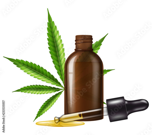 Medical cannabis ( marijuana ) oil in a glass bottle with marijuana leaf and dropper. Vector illustration.