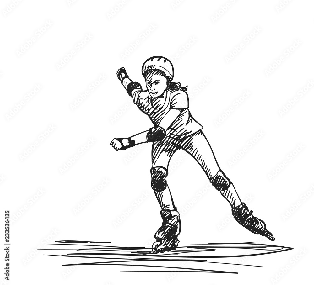 Fototapeta premium Sketch of teenage girl on rollers speed skating, Isolated on white background, Hand drawn vector illustration with hatched shades