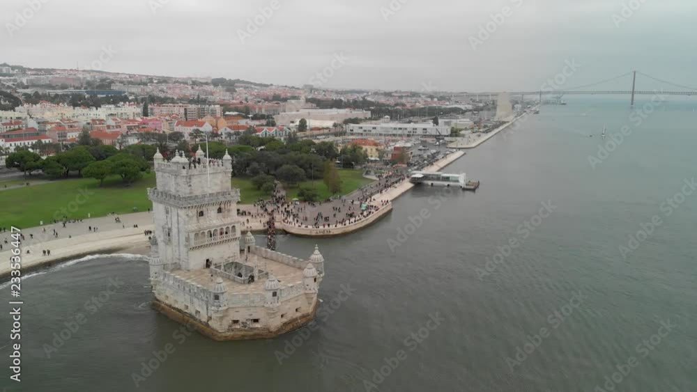 Belem Tower, Lisbon. Aerial view of landmark on a cloudy day Belem Tower, Lisbon. Aerial view of landmark on a cloudy day