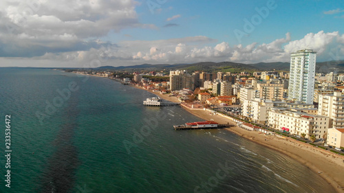 Panoramic aerial view of Follonica, Italy. Coastline of Tuscany with town and ocean © jovannig