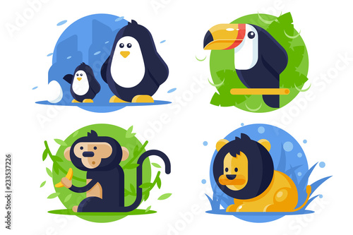 Set icon animals with lion, penguin, monkey, toucan.