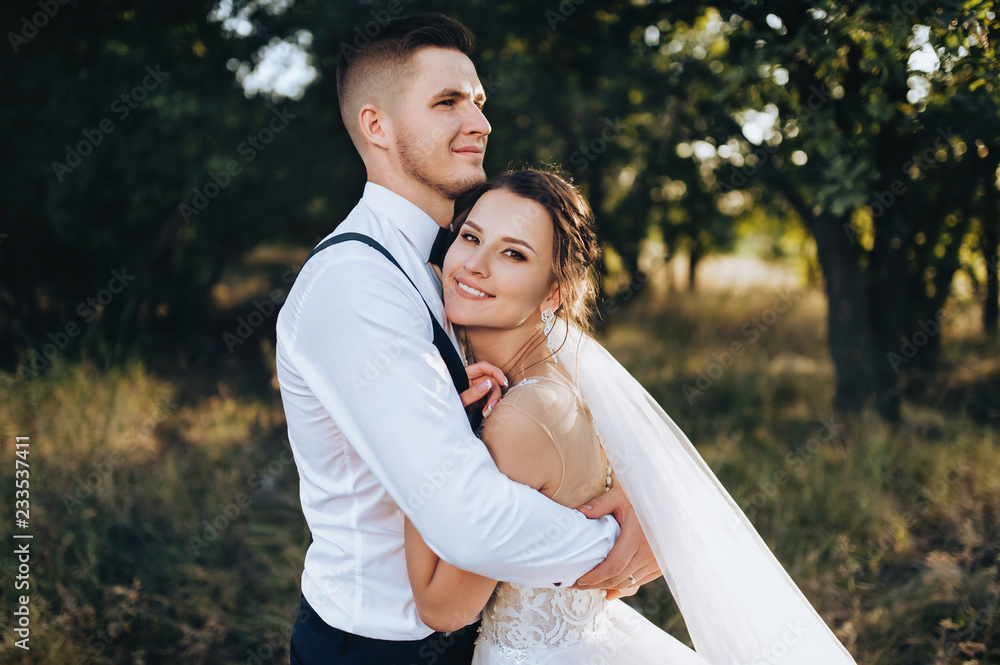 A young bridegroom embraces a beautiful bride at sunset, in sunny weather. Happy newlyweds are standing in a yellow field. Wedding evening photo. Family, natural portrait. A young bridegroom embraces a beautiful bride at sunset, in sunny weather. Happy newlyweds are standing in a yellow field. Wedding evening photo. Family, natural portrait.