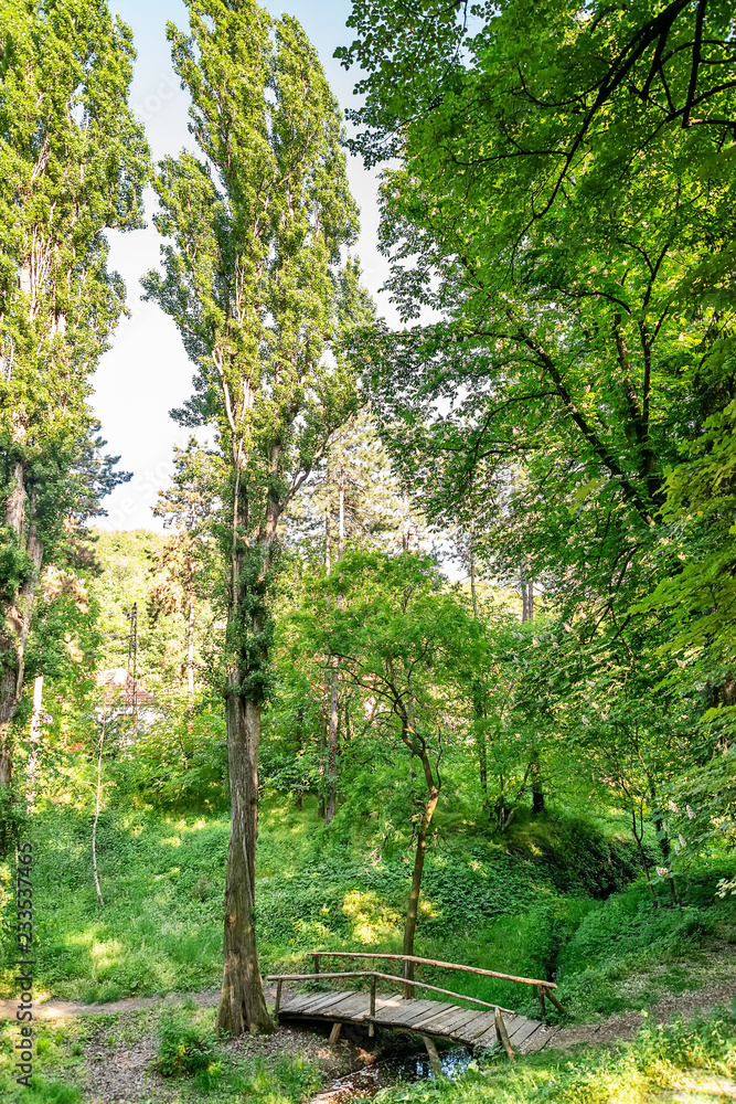 Fototapeta premium Top view wooden bridge over small river