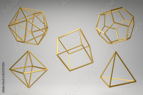Golden Platonic solids on a grey background. Dodecahedron, icosahedron, tetrahedron, octahedron, hexahedron.Abstract photorealistic 3d .