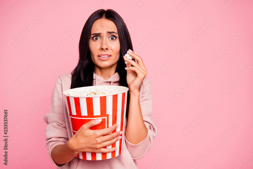 Fototapeta premium Reaction facial expression lady with her brunet hair she hold bi