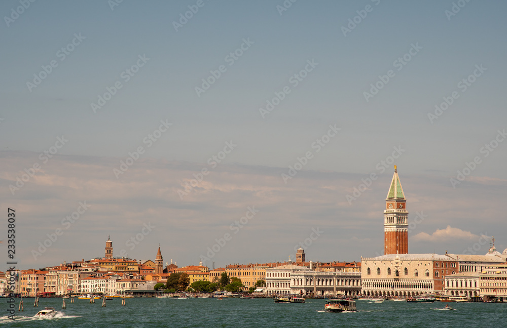 View of Venice city from the sea with boats, Veneto, Italy 
