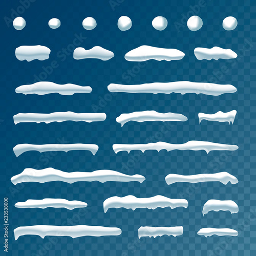 Set of snow icicles, snow cap isolated. Snowy elements on winter background. Vector template in cartoon style