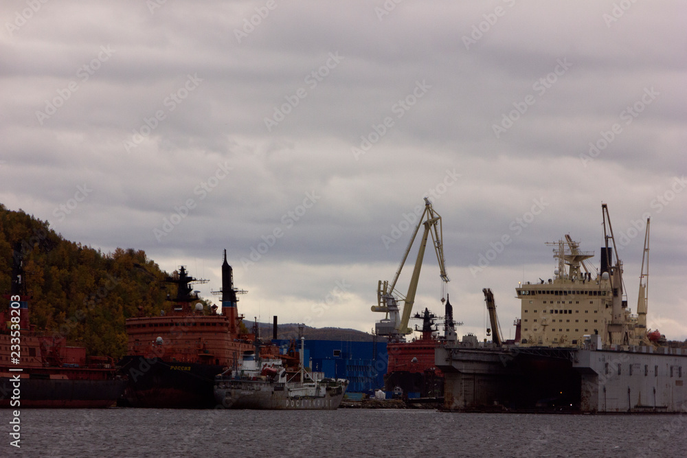nuclear icebreaker in floating dock. Murmansk. Kola Bay