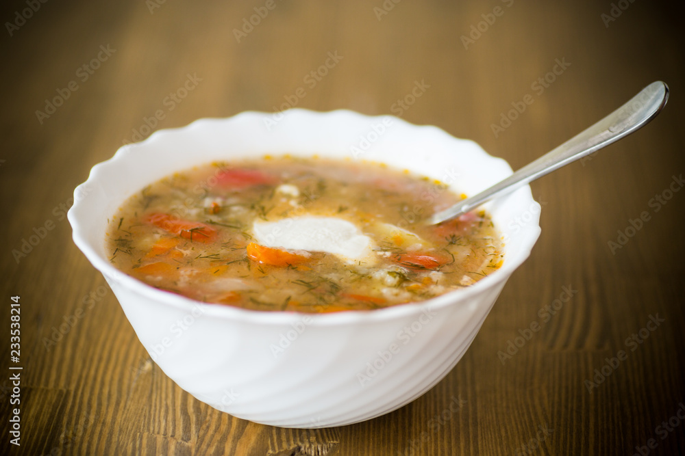 vegetable soup with meatballs and pepper in a plate vegetable soup with meatballs and pepper in a plate