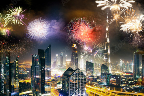 Canvas-taulu fireworks around Burj Khalifa - exotic New Year destination, Dubai, UAE