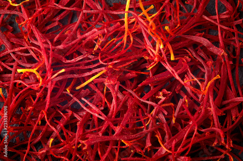 Saffron spice threads (strands). Top view, close up