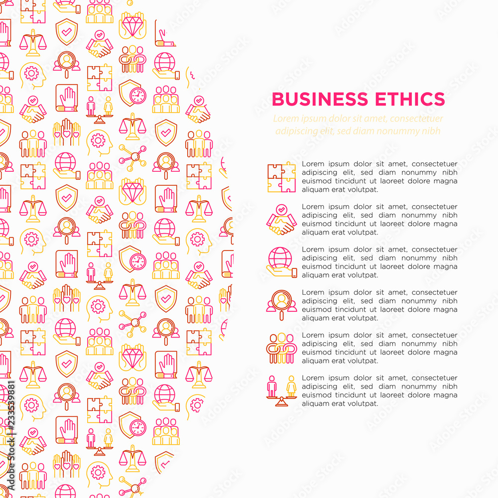 Business ethics concept with thin line icons: union, trust, honesty, justice, no to racism, recruitment service, teamwork, gender employment, core values. Vector illustration, print media template