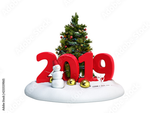 new year 2019 snow island with snowman and Christmas tree 3d render on white no shadow