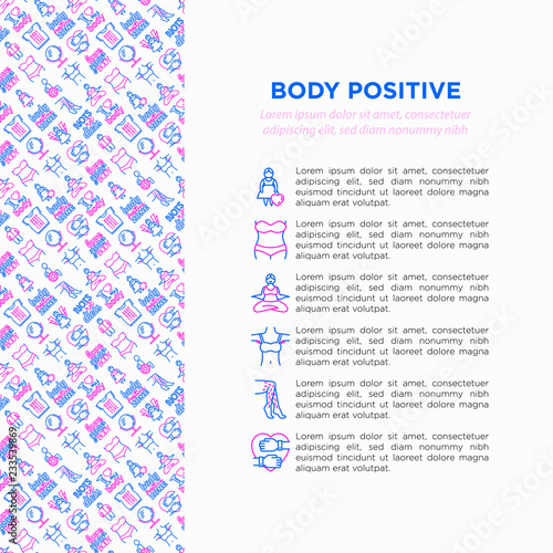 Body positive concept with thin line icons: woman plus size, yoga, bikini, armpit hair, legs hair, mirror, disability. Stickers with quotes. Vector illustration, print media template.