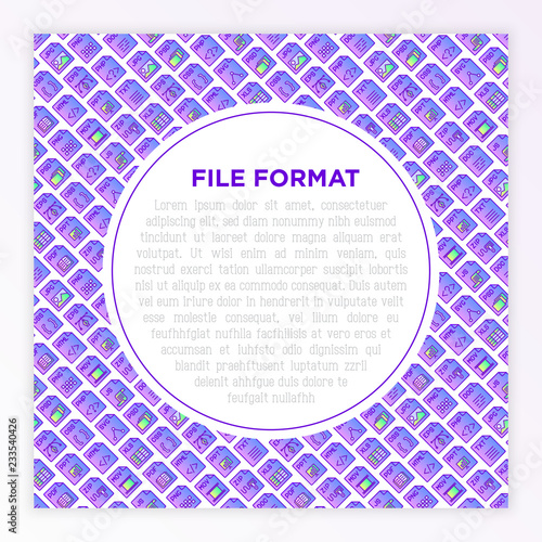 File formats concept with thin line icons: doc, pdf, php, html, jpg, png, txt, mov, eps, zip, css, js. Modern vector illustration, print media template.