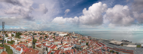 Panoramic aerial view of Lisbon skyline on at sunset, Lisbon