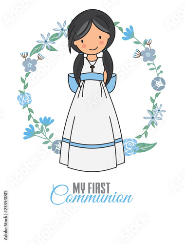 my first communion girl. beautiful girl with communion dress and flower frame