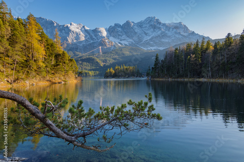 Beautiful Lake Eibsee with Zugspitze mountain in the German alps.