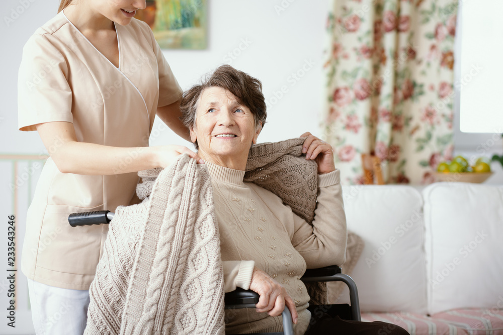 Obraz premium Nurse helping smiling elderly woman in the wheelchair during home visit