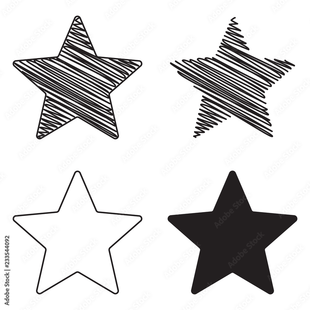 Zig-zag and scribble style star shape set isolated on white. Hand drawn looking star sketch vector. Zig-zag and scribble style star shape set isolated on white. Hand drawn looking star sketch vector.