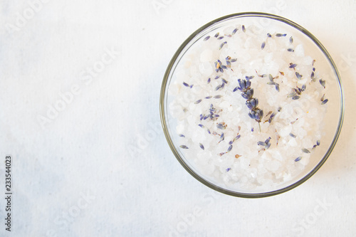 lavender bath salt on white background with lavender flower