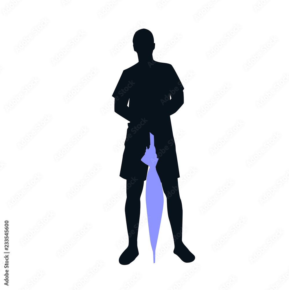 Silhouette of a standing man in shorts with an umbrella. Vector silhouette Silhouette of a standing man in shorts with an umbrella. Vector silhouette