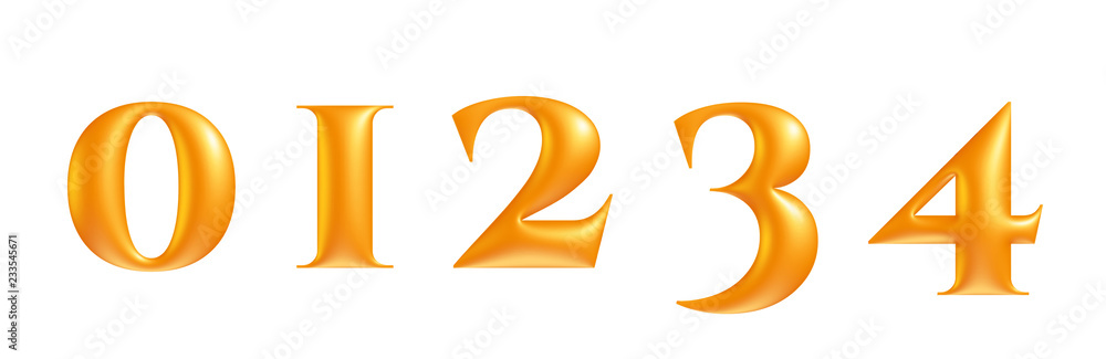 embossed 3d alphabet, golden numbers 0 1 2 3 4, 3d illustration embossed 3d alphabet, golden numbers 0 1 2 3 4, 3d illustration