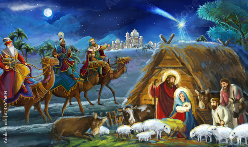 religious illustration three kings - and holy family - traditional scene - illustration for children