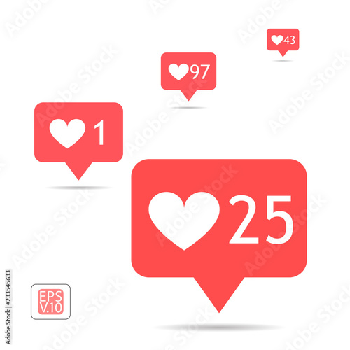 A set of icons counter notifications instagram. Follower. Icon set like 1, 25, 43, 97 insta symbol isolated on white. Social media likes insta ui, app, iphone. Vector. EPS 10.