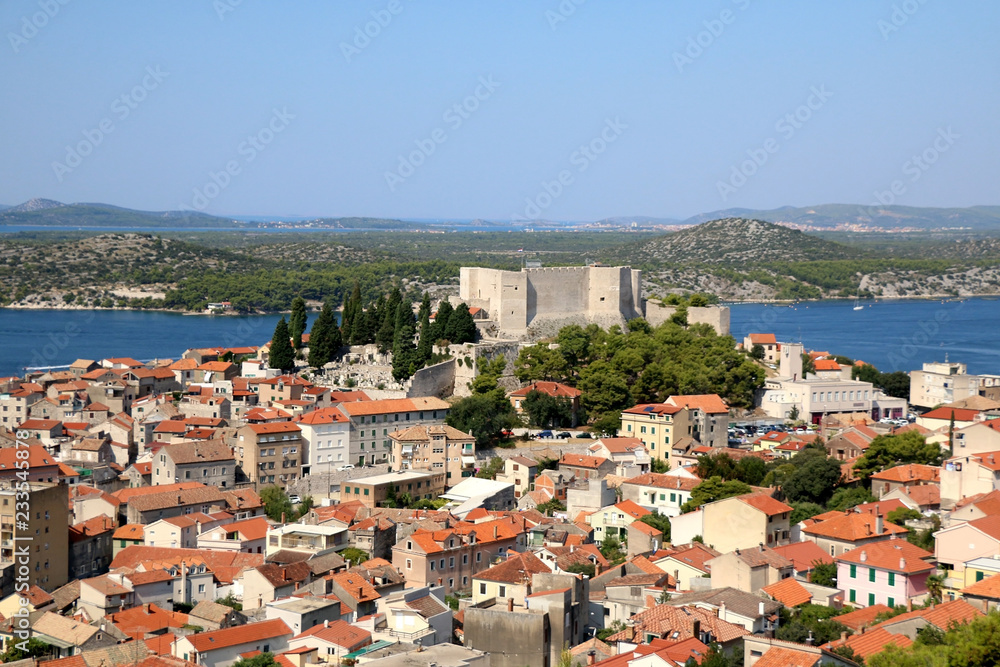 Historic city centre of Sibenik, Croatia. Adriatic Sea in the background. View from the Barone Fortress.
