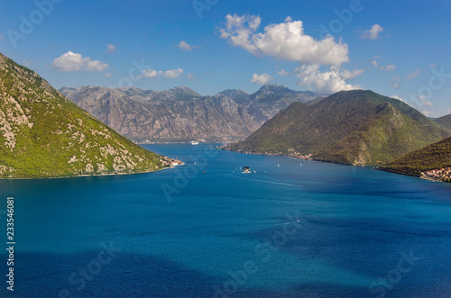Kotor bay seascape, Montenegro. Sunny summer day. Mountain landskape.