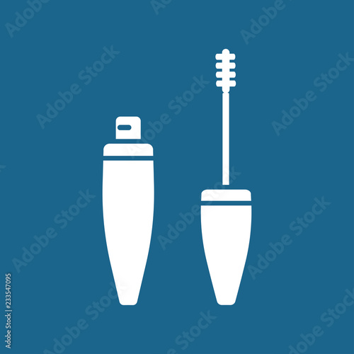 Vector illustration of mascara volume brush and bottle for make up eyes. White silhouette with blue background