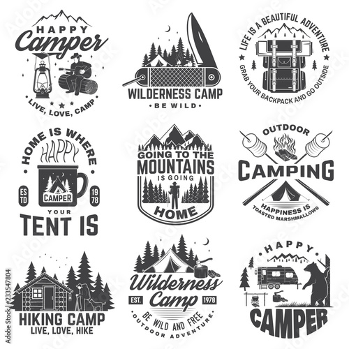Set of Happy camper outdoor adventure symbol. Vector. Concept for shirt or logo, print, stamp. Vintage design with lantern, camping tent, campfire, bear, man with guitar and forest silhouette.