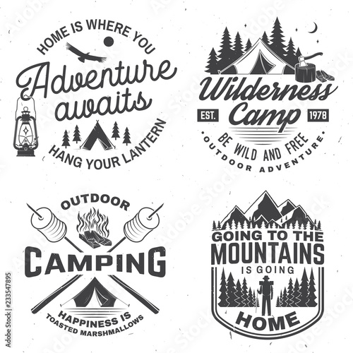 Happy camper. Vector. Concept for shirt or logo, print, stamp. Vintage design with lantern, camping tent, campfire, forest cabin, sweet marshmallows on stick, mountain and forest silhouette.