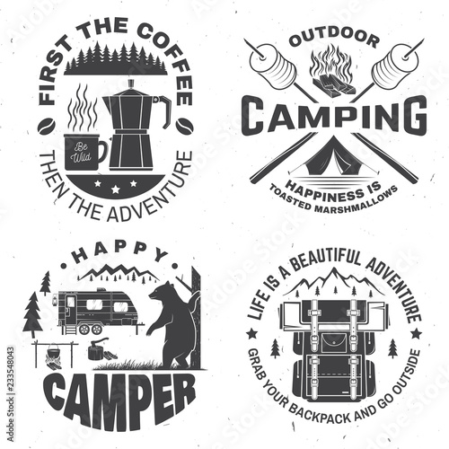 Happy camper. Vector. Concept for shirt or logo, print, stamp. Vintage design with lantern, camping tent, campfire, coffee maker, sweet marshmallows on stick, mountain and forest silhouette.