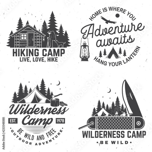 Happy camper. Vector. Concept for shirt or logo, print, stamp. Vintage design with lantern, pocket knife, campin tent, axe, camping tent, campfire, forest cabin and forest silhouette.