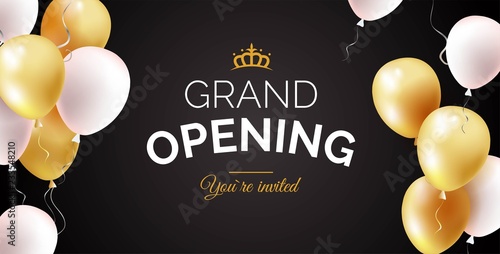 Grand opening black banner with golden and white balloons. Vector illustration