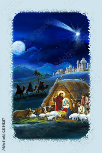 Fotografía religious illustration three kings - and holy family - traditional scene - illus