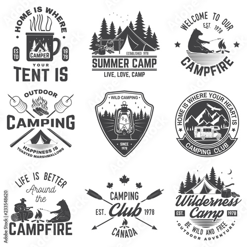 Summer camp. Vector illustration. Concept for shirt or patch, print, stamp. Vintage typography design with rv trailer, camping tent, campfire, bear, man with guitar and forest silhouette.