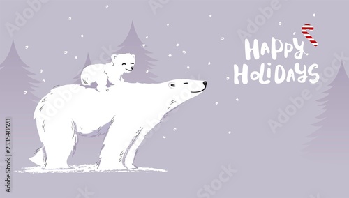 Happy winter holidays cute cartoon vector illustration with bear mom, cub and pine trees.