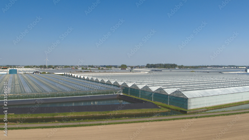 AERIAL: Modern glasshouse horticultural farm cultivating organic vegetables