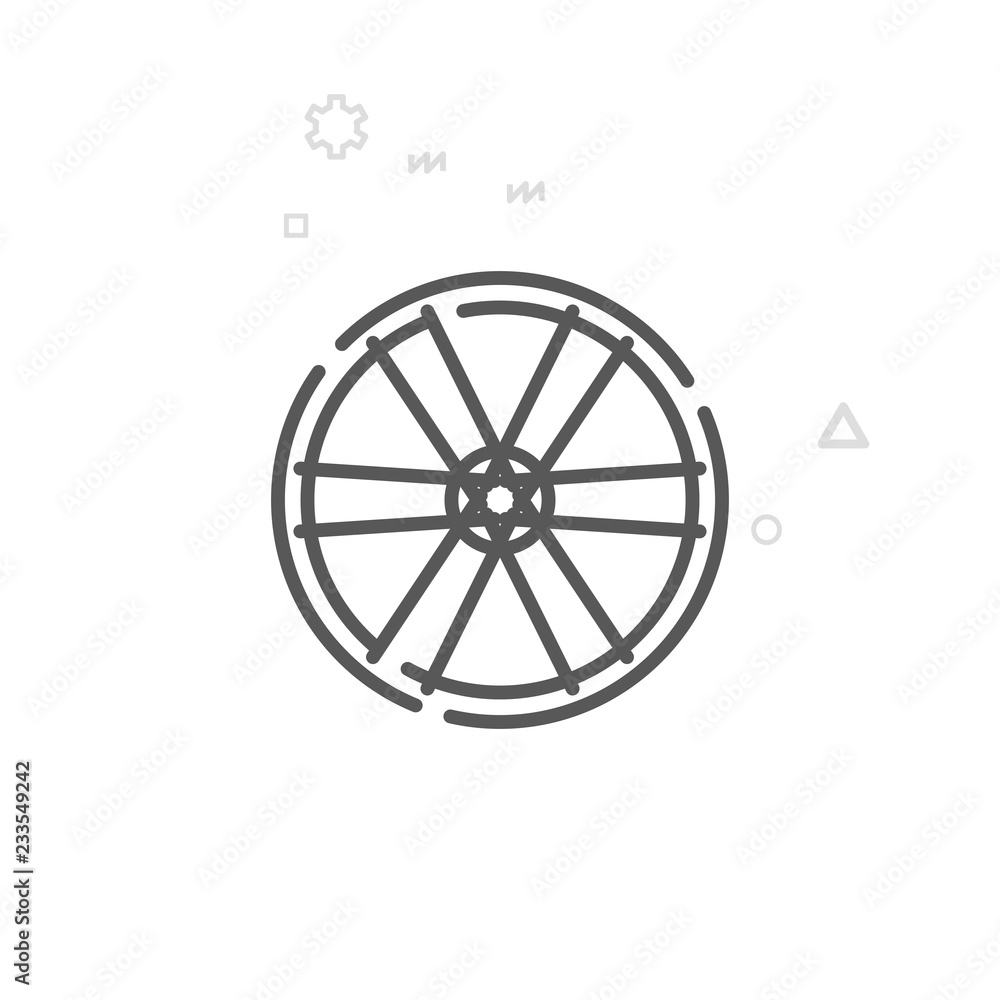 Bike or Bicycle Wheel Vector Line Icon, Symbol, Pictogram, Sign. Light Abstract Geometric Background. Editable Stroke