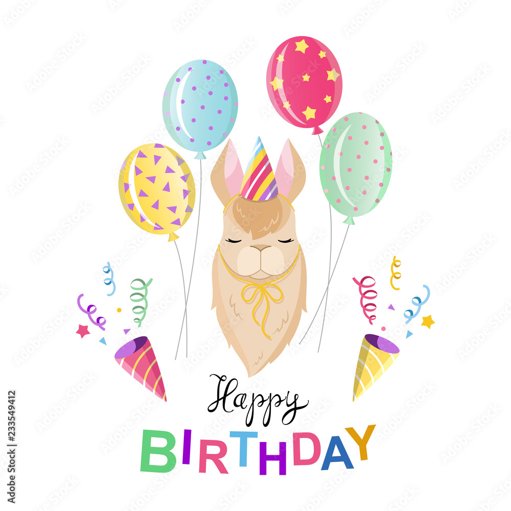 Vettoriale Stock Illustration of a happy birthday. Lama with balloons.  White background | Adobe Stock