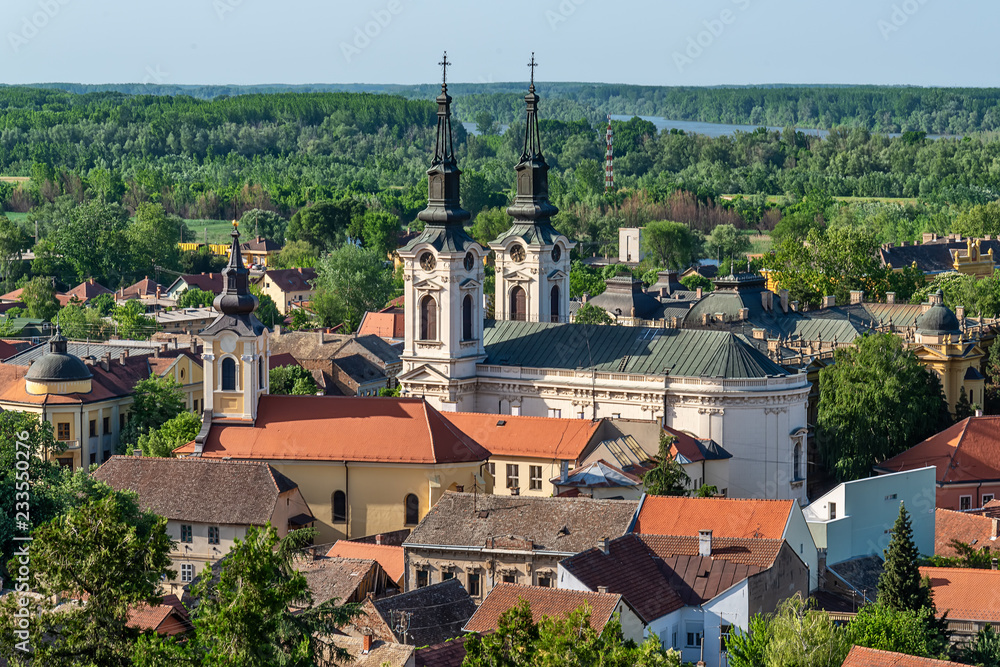 Fototapeta premium Sremski Karlovci, Serbia - May 2, 2018: Panorama of Sremski Karlovci. Two churches (Orthodox St. Nicholas Cathedral and Roman Catholic Church Holy Trinity)