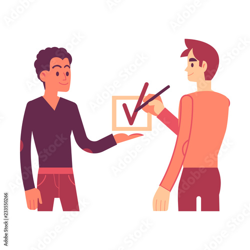 Vector illustration of consent concept in flat style - one man holding in hand big checkbox while another drawing check mark and agree or approve something isolated on white background.