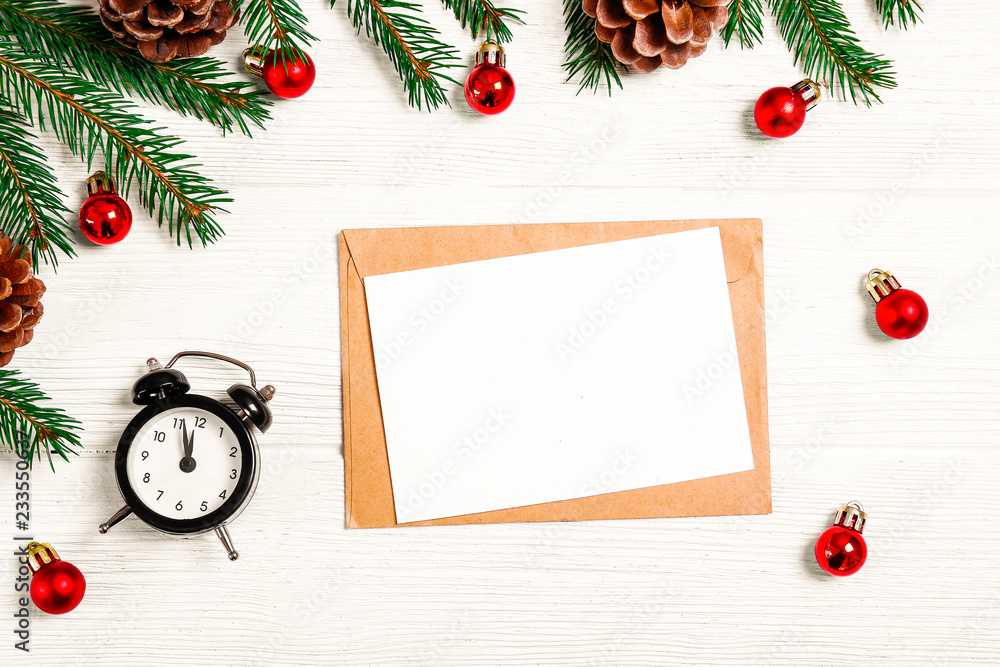 Letter to santa concept. Festive flat lay composition with blank invitation  for new year celebration & craft paper envelope. Christmas greeting card  template concept. Background, copy space, top view. Photos | Adobe